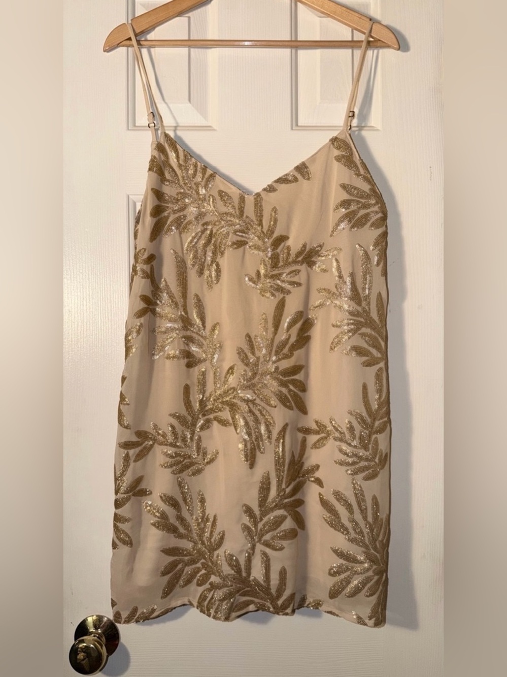 Show Me Your Mumu Large Champagne Gold Beaded Leaf Sequin Mini Slip Dress